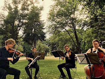 4 Musiker:innen spielen Musik im Garten