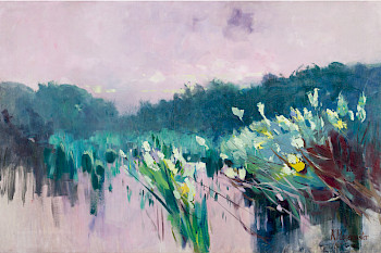 Eine Malerei: Blumen vor dem Wasser