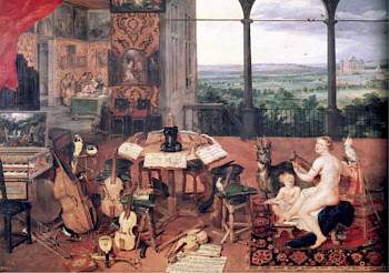 historisches Gemälde mit Musikern rund um einen Tisch