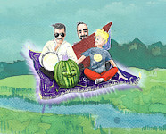 Bild zeigt Zeichnung mit einem Teppich, auf dem eine Melone, zwei Männer und ein kleiner Junge sitzen. Sie alle fliegen über einen Fluss