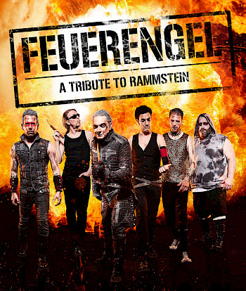 Feuerengel (Tribute-Band) Plakat. Oben steht der Bandname "Feuerengel". Darunter sind die sechs Musiker zu sehen. Der Hintergrund imitiert Feuer.