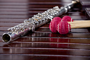 Duo melange - zeigt zwei Instrumente. Die Marimba und die dazugehörigen Schlägel, sowie eine silberne Flöte.
