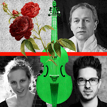 Collage von den Musiker*innen "Concerto Giovannini". In der Mitte ist eine grüne Violine auf der eine Rose liegt. Im Viereck drum herum sind die drei Musiker*innen in schwarz-weiß Porträts abgebildet.