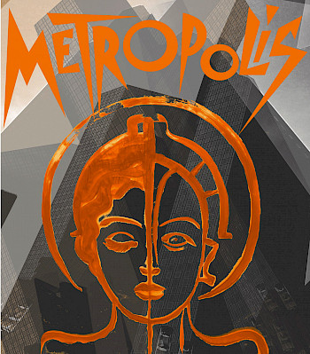 Grafik "Metropolis". Im Vordergrund ist eine orange Abstrakte Zeichnung von einem Menschen. Der Hintergrund ist dunkelgehalten. Es wurden Fotos von Hochhäusern übereinandergelegt.