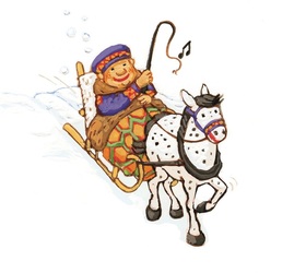 Zeichentrick: Ein Kind auf dem Rutsche mit einem Pferd