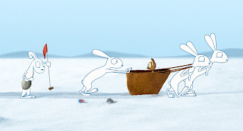 Zeichentrick: 4 weiße Hase ziehen ein braunes Eichhörnchen