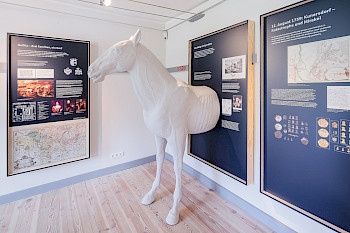Eine halbierte Pferdeplastik in einer Ausstellung