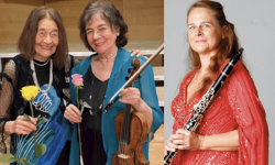 Photo-Collage von 3 Musikerinnen. Eine hält einen Geigenbogen, eine andere eine Klarinette
