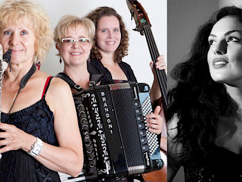 Photocollage einer Band aus 3 Frauen mit Akkordeon, Kontrabass und Klarinette, und einem Schwarz-Weiß-Foto einer schönen Frau mit langen dunklen Haaren