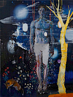 Surrealistisches Gemälde mit einem nackten Mann, einem kahlen Baum und anderen Elementen