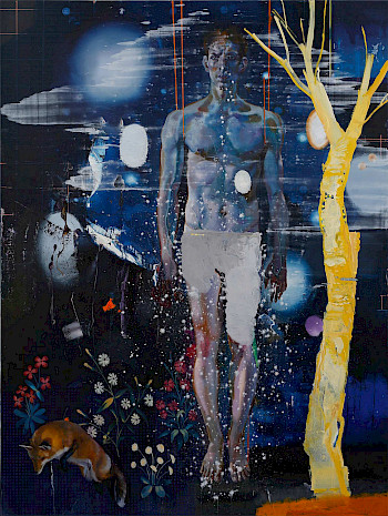 Surrealistisches Gemälde mit einem nackten Mann, einem kahlen Baum und anderen Elementen