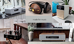 Collage von Fotos mit Musikabspielgeräten oder Lautsprechern