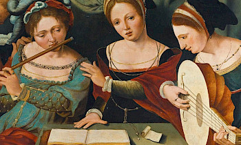 Malerei mit Barockstil, drei Damen sangen und spielten Musik