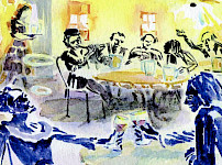 Aquarell: Illustration zu Tucholskys: In einem Restaurant mit vollen Gästen