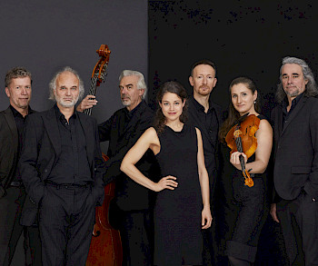 7 Musiker mit schwarzen Klamotten stehen nebeneinander