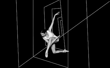 Schwarz-Weiß-Bild: Eine Frau tanzt auf einem Netz