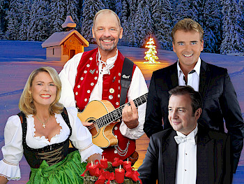 Hintergrund ist Weihnachtszeit im Wald, Vordergrund sind die Photocollage von 4 Musiker:innen von der Schäferfamilie