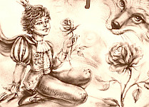 Sandmalerei: 1 Prinz mit einer Rose und 1 Wolf