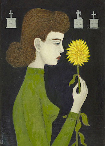 Malerei: ein Mädchen mit Chrysantheme im Hand