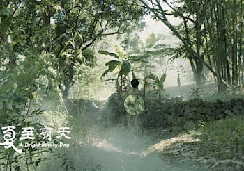 In grünem Wald steht eine Frau mit Rücken in Kamera