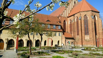 Altes Kloster mit Kirschzweig im Vordergrund