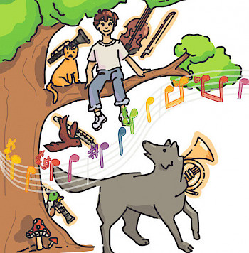 1 Zeichnung: 1 Junge sitzt auf einem Baum, um ihn herum sind die Tiere mit Musikinstrumenten