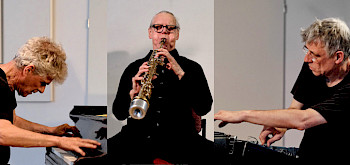 Photocollage: 3 Männer, 1 spielt Klavier, 1 Saxophon, 1 Synthesizer