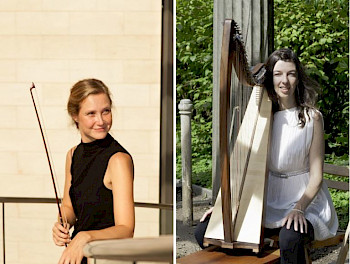 Photocollage: 1 Frau mit Geige und 1 Harfe