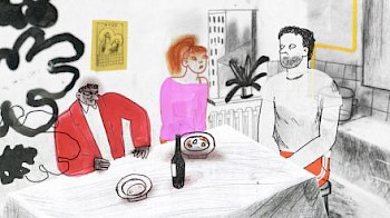 Zeichentrick: Um einen Tisch herum sitzen 3 Person