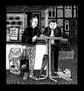Schwarz-Weiß-Grafik: Max & Moritz an einem Hocke, ein Hund liegt an seinen Füße