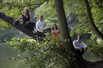 Vier MusikerInnen sitzen auf einem Baum am See